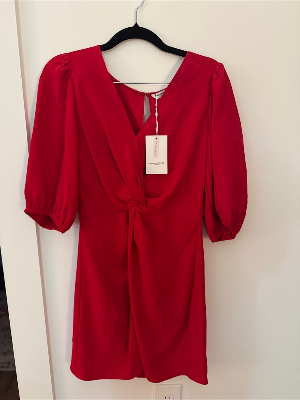 Amanda Uprichard Red Twist-Front Puff Sleeve Mini Dress